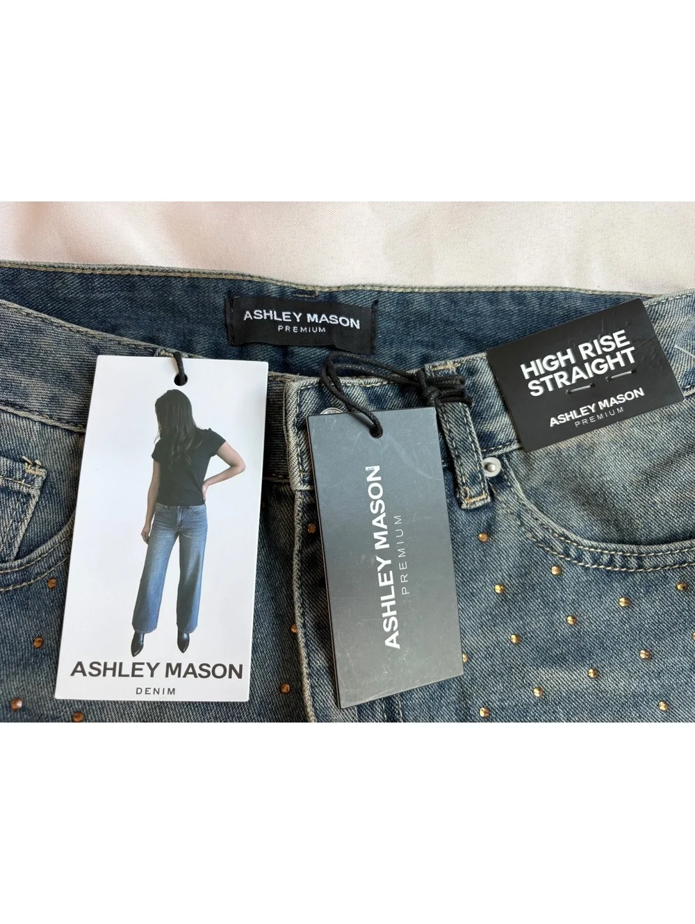 Ashley Mason Premium High Rise Straight Jeans Size 3/26 with Gold Stud Detail